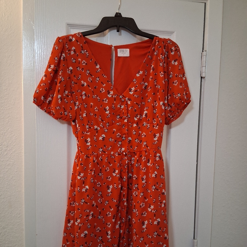Sienna Sky Red Floral Dress-Faux Wrap V-Neck (Large)